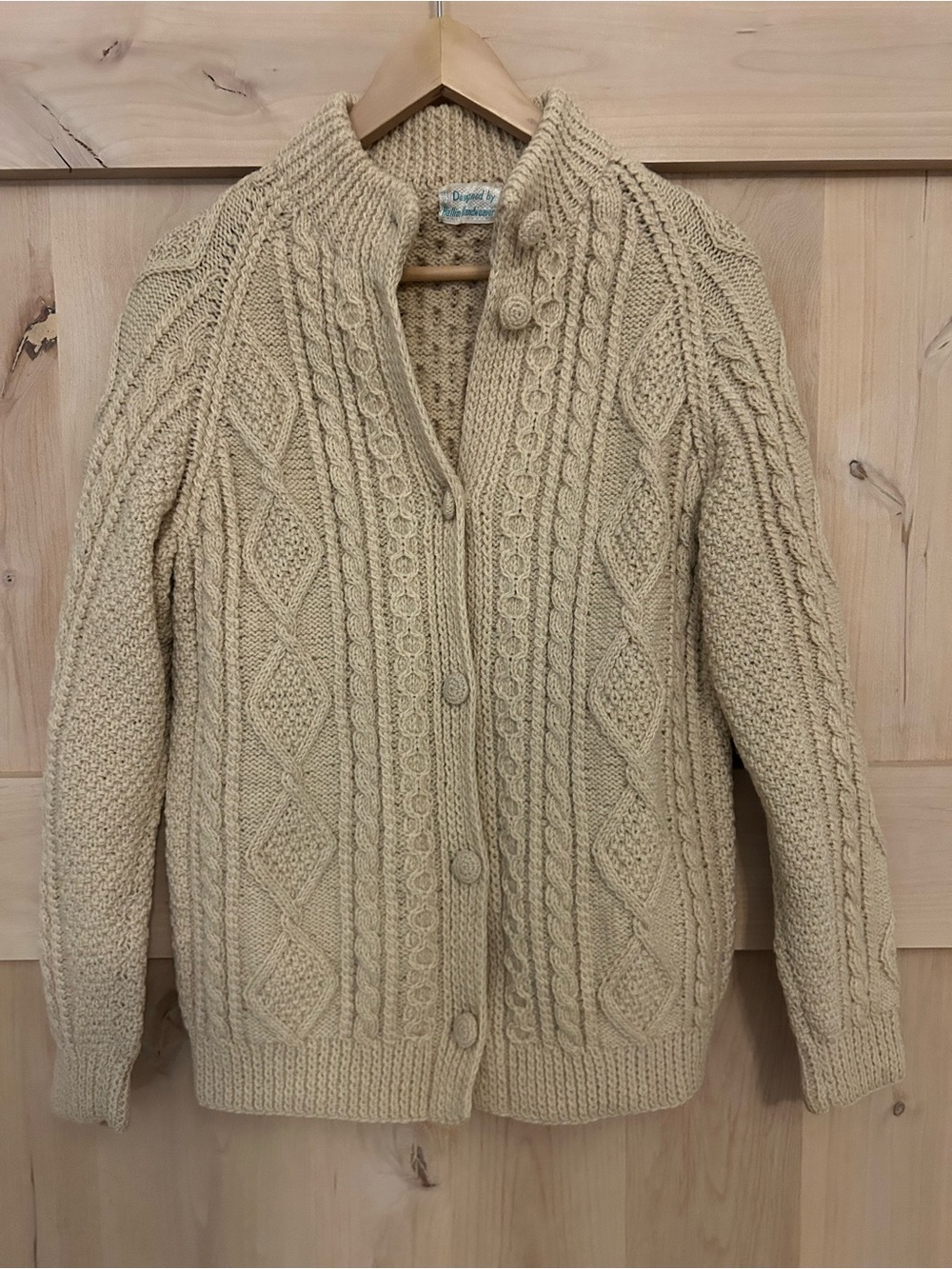 Hallim Handweavers VTG Wool Tan Hand-Knit Cable Cardigan Sweater, size Medium